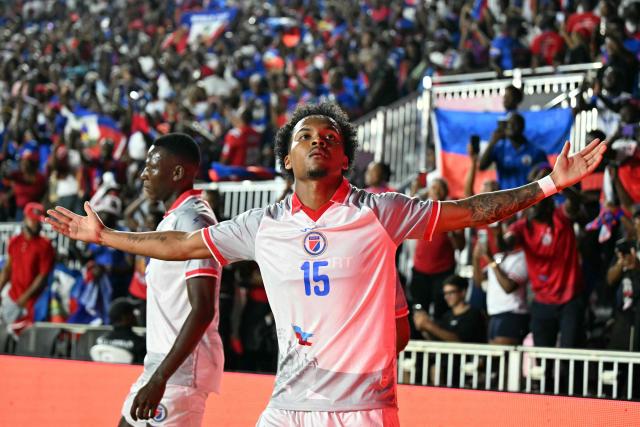 Haiti's forward #15 Ruben Providence celebrates after scoring a goal during an international friendly football match between Haiti and New Zealand at Chase Stadium in Fort Lauderdale, Florida, on June 2, 2026. (Photo by CHANDAN KHANNA / AFP)