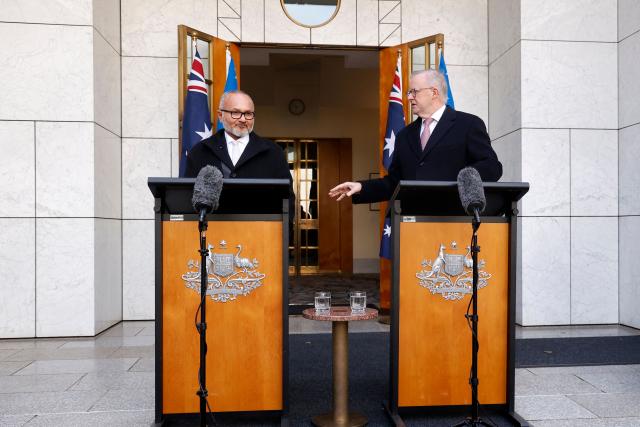 Solomon Islands Prime Minister Matthew Wale (L) and Australia’s Prime Minister Anthony Albanese attend a press conference at Parliament House in Canberra on June 3, 2026. (Photo by Hilary Wardhaugh / AFP)