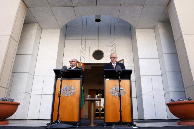 Solomon Islands Prime Minister Matthew Wale (L) and Australia’s Prime Minister Anthony Albanese attend a press conference at Parliament House in Canberra on June 3, 2026. (Photo by Hilary Wardhaugh / AFP)