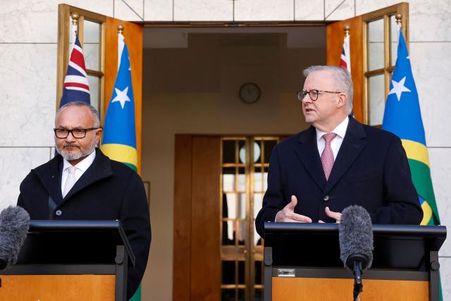 Solomon Islands Prime Minister Matthew Wale (L) and Australia’s Prime Minister Anthony Albanese attend a press conference at Parliament House in Canberra on June 3, 2026. (Photo by Hilary Wardhaugh / AFP)