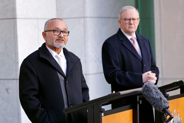 Solomon Islands Prime Minister Matthew Wale (L) and Australia’s Prime Minister Anthony Albanese attend a press conference at Parliament House in Canberra on June 3, 2026. (Photo by Hilary Wardhaugh / AFP)
