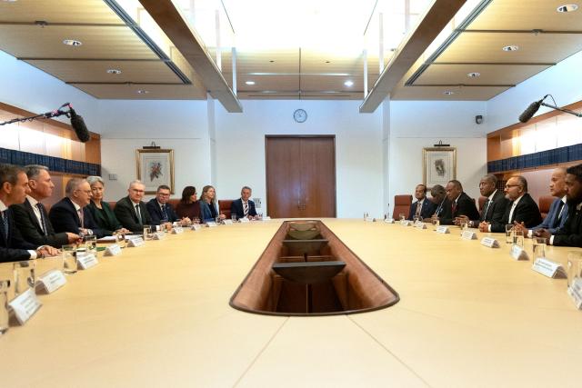 Solomon Islands Prime Minister Matthew Wale (3rd R) attends a meeting with Australia’s Prime Minister Anthony Albanese (3rd L) at Parliament House in Canberra on June 3, 2026. (Photo by Hilary Wardhaugh / AFP)
