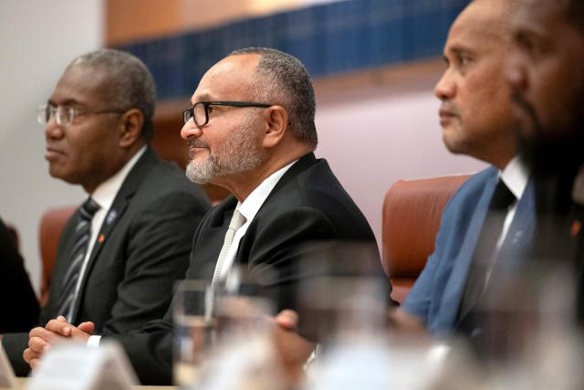 Solomon Islands Prime Minister Matthew Wale (C) attends a meeting with Australia’s Prime Minister Anthony Albanese at Parliament House in Canberra on June 3, 2026. (Photo by Hilary Wardhaugh / AFP)