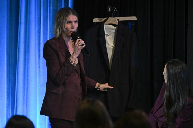Uruguayan-US fashion designer Gabriela Hearst speaks as she presents the Uruguayan national football team’s official suits ahead of the 2026 FIFA World Cup at the Centenario Stadium in Montevideo, on June 2, 2026. The outfits, designed by Hearst, were made from Uruguayan merino wool. (Photo by Eitan ABRAMOVICH / AFP)