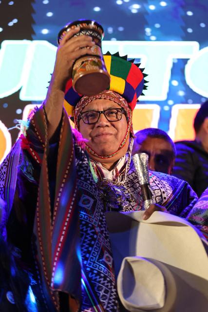 Peru's presidential candidate for the Juntos por el Peru party, Roberto Sanchez, takes part in a cleansing ritual during a campaign rally at the Plaza Tupac Amaru in Cusco, Peru, on June 2, 2026. Peruvians will choose their president on June 7, 2026, between right-wing candidate Keiko Fujimori, heir to a political dynasty that divides the nation, and left-wing candidate Roberto Sбnchez—two diametrically opposed visions for a country plagued by instability and crime. (Photo by Jose Angulo / AFP)