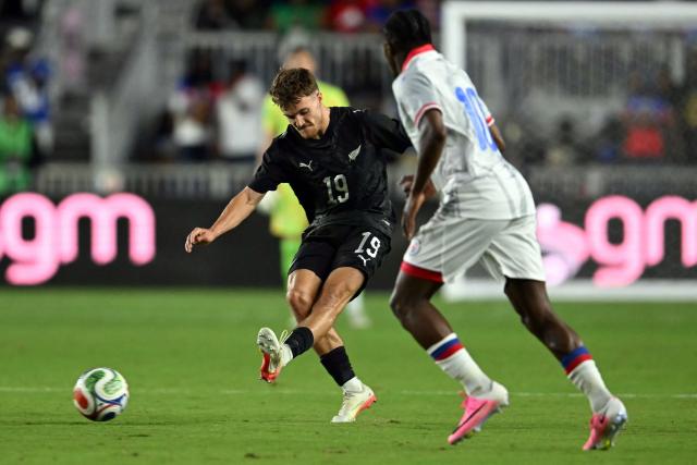 New Zealand's forward #19 Ben Old shoots as Haiti's midfielder #10 Jean-Ricner Bellegarde looks on during an international friendly football match between Haiti and New Zealand at Inter Miami CF Stadium in Fort Lauderdale, Florida on June 2, 2026. (Photo by CHANDAN KHANNA / AFP)