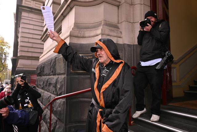 Aboriginal elder Djuran Bunjileenee Uncle Robbie Thorpe speaks to supporters at the Victorian Supreme Court of Appeal in Melbourne on June 3, 2026. Thorpe appeared before the Victorian Supreme Court of Appeal seeking to charge Britain's King Charles III for the genocide of Aboriginal people. (Photo by William WEST / AFP)