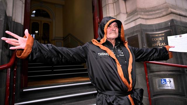 Aboriginal elder Djuran Bunjileenee Uncle Robbie Thorpe speaks to supporters at the Victorian Supreme Court of Appeal in Melbourne on June 3, 2026. Thorpe appeared before the Victorian Supreme Court of Appeal seeking to charge Britain's King Charles III for the genocide of Aboriginal people. (Photo by William WEST / AFP)