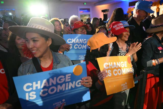 Supporters of Republican California Gubernatorial candidate Steve Hilton attend his election night event in Huntington Beach, California, on June 2, 2026. Californians went to the polls Tuesday in the first round of voting for a new governor, with a tight three-way race for two run-off spots, while people in Los Angeles will also be voting for a new mayor. The state's so-called "jungle primary" pits all comers against each other -- regardless of party -- with the top two vote-getters advancing to the November general election to replace term-limited Governor Gavin Newsom. (Photo by Patrick T. Fallon / AFP)
