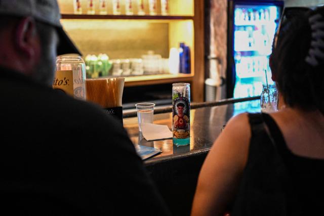 A “Wemby” cocktail in a glass featuring an image of San Antonio Spurs French basketball player Victor Wembanyama in seen at a bar in downtown San Antonio, Texas, on June 2, 2026. The Spurs will face the New York Knicks in the NBA Finals, which begin on June 3. (Photo by RONALDO SCHEMIDT / AFP)