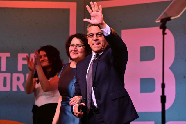 Democrat California Gubernatorial candidate Xavier Becerra waves to the crowd of supporters after speaking at an election night event in downtown Los Angeles, on June 2, 2026. Californians go to the polls Tuesday in the first round of voting for a new governor, with a tight three-way race for two run-off spots, while people in Los Angeles will also be voting for a new mayor. The state's so-called "jungle primary" pits all comers against each other -- regardless of party -- with the top two vote-getters advancing to the November general election to replace term-limited Governor Gavin Newsom. (Photo by Frederic J. Brown / AFP)