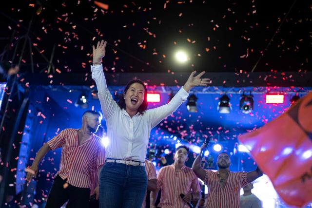 Peru's presidential candidate for the Fuerza Popular party, Keiko Fujimori, waves during a campaign rally in Huacho, north of Lima, Peru, on June 2, 2026. Peruvians will choose on June 7, 2026 their president from between the right-wing Keiko Fujimori, heir to a political dynasty that divides the nation, and the left-wing Roberto Sánchez: two diametrically opposed visions for a country plagued by instability and crime. (Photo by Ernesto BENAVIDES / AFP)