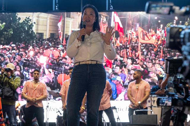 Peru's presidential candidate for the Fuerza Popular party, Keiko Fujimori, is seen during a campaign rally in Huacho, north of Lima, Peru, on June 2, 2026. Peruvians will choose on June 7, 2026 their president from between the right-wing Keiko Fujimori, heir to a political dynasty that divides the nation, and the left-wing Roberto Sánchez: two diametrically opposed visions for a country plagued by instability and crime. (Photo by Ernesto BENAVIDES / AFP)