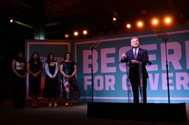 Democrat California Gubernatorial candidate Xavier Becerra speaks during an election night event in downtown Los Angeles, on June 2, 2026. Californians go to the polls Tuesday in the first round of voting for a new governor, with a tight three-way race for two run-off spots, while people in Los Angeles will also be voting for a new mayor. The state's so-called "jungle primary" pits all comers against each other -- regardless of party -- with the top two vote-getters advancing to the November general election to replace term-limited Governor Gavin Newsom. (Photo by Frederic J. Brown / AFP)