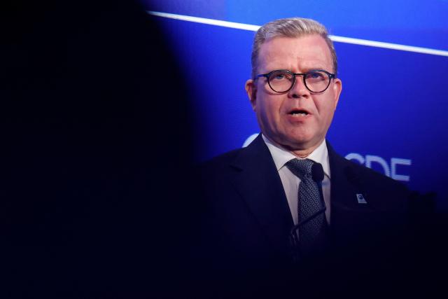 Finland's Prime Minister Petteri Orpo speaks during the opening ceremony of the OECD 2026 Ministerial Council Meeting (MCM) at the Organisation for Economic Co-operation and Development (OECD) headquarters in Paris on June 3, 2026. (Photo by SIMON WOHLFAHRT / AFP)