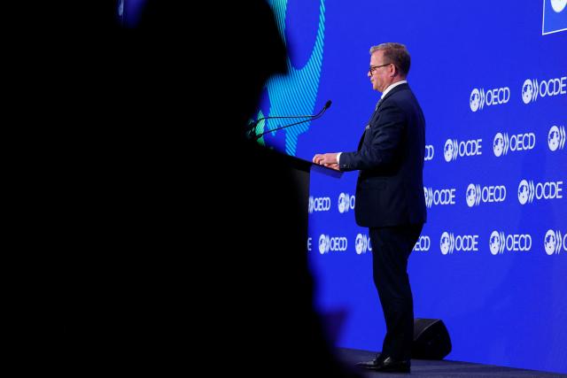 Finland's Prime Minister Petteri Orpo speaks during the opening ceremony of the OECD 2026 Ministerial Council Meeting (MCM) at the Organisation for Economic Co-operation and Development (OECD) headquarters in Paris on June 3, 2026. (Photo by SIMON WOHLFAHRT / AFP)