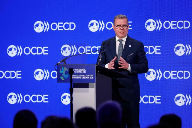 Finland's Prime Minister Petteri Orpo speaks during the opening ceremony of the OECD 2026 Ministerial Council Meeting (MCM) at the Organisation for Economic Co-operation and Development (OECD) headquarters in Paris on June 3, 2026. (Photo by SIMON WOHLFAHRT / AFP)