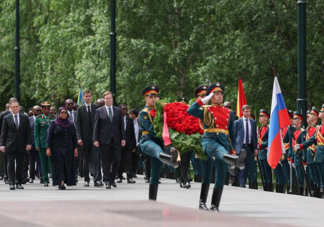 Tanzania's President Samia Suluhu Hassan attends a wreath-laying ceremony at the Tomb of the Unknown Soldier by the Kremlin wall in Moscow on June 3, 2026. (Photo by Ramil Sitdikov / POOL / AFP)