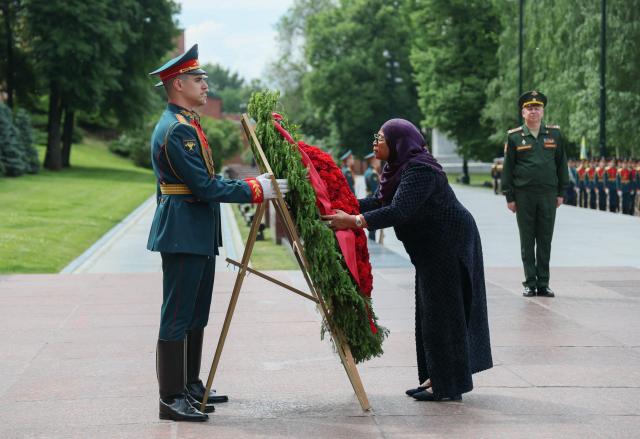 Tanzania's President Samia Suluhu Hassan attends a wreath-laying ceremony at the Tomb of the Unknown Soldier by the Kremlin wall in Moscow on June 3, 2026. (Photo by Ramil Sitdikov / POOL / AFP)