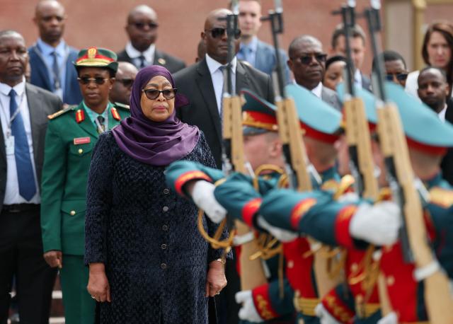 Tanzania's President Samia Suluhu Hassan attends a wreath-laying ceremony at the Tomb of the Unknown Soldier by the Kremlin wall in Moscow on June 3, 2026. (Photo by Ramil Sitdikov / POOL / AFP)
