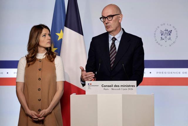 France's Government Spokesperson and junior Minister for Energy and Digital economy Maud Bregeon looks on as France's Economy, Finances and Industry Minister Roland Lescure speaks during a press conference following the weekly cabinet meeting at The Elysee Presidential Palace in Paris on June 3, 2026. (Photo by STEPHANE DE SAKUTIN / AFP)