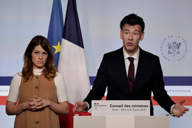 France's Government Spokesperson and junior Minister for Energy and Digital economy Maud Bregeon (L) looks on as France's Higher Education, Research and Space Minister Philippe Baptiste speaks during a press conference following the weekly cabinet meeting at The Elysee Presidential Palace in Paris on June 3, 2026. (Photo by STEPHANE DE SAKUTIN / AFP)