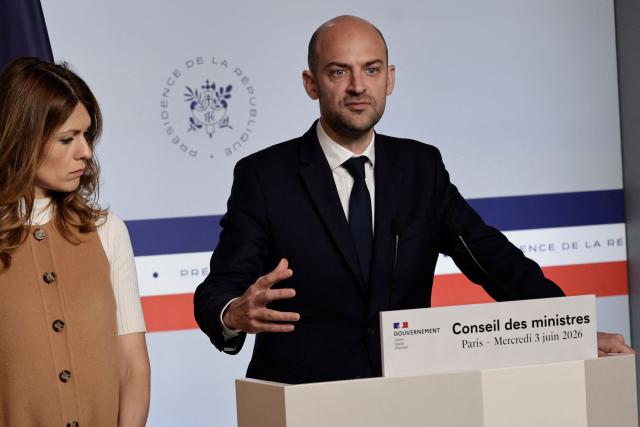 France's Government Spokesperson and junior Minister for Energy and Digital economy Maud Bregeon (L) looks on as France's Foreign Affairs Minister Jean-Noel Barrot speaks during a press conference following the weekly cabinet meeting at The Elysee Presidential Palace in Paris on June 3, 2026. (Photo by STEPHANE DE SAKUTIN / AFP)