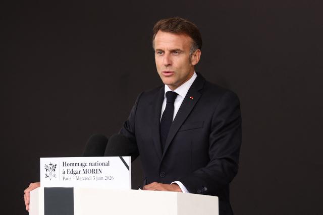 French President Emmanuel Macron delivers a speech during a national tribute to late French philosopher and sociologist Edgar Morin at the Hotel des Invalides in Paris on June 2, 2026. Edgar Morin has died at the age of 104, on May 29, 2026. (Photo by Teresa Suarez / POOL / AFP)