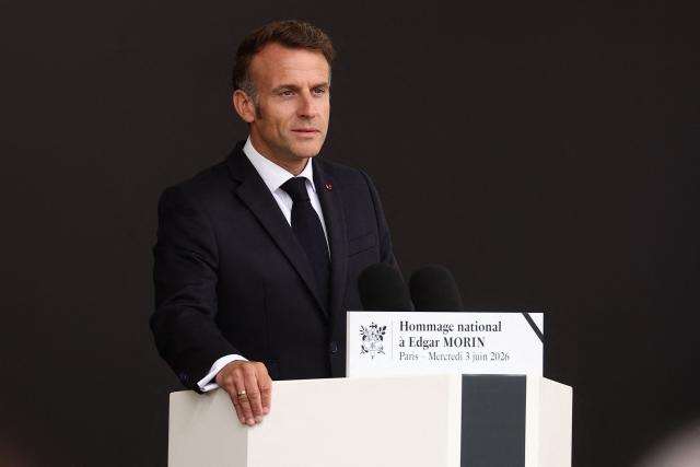 French President Emmanuel Macron delivers a speech during a national tribute to late French philosopher and sociologist Edgar Morin at the Hotel des Invalides in Paris on June 2, 2026. Edgar Morin has died at the age of 104, on May 29, 2026. (Photo by Teresa Suarez / POOL / AFP)