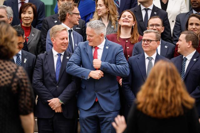 Attendees including Secretary-General of the Organisation for Economic Co-operation and Development (OECD) Mathias Cormann (C) pose during a family photograph at the OECD 2026 Ministerial Council Meeting (MCM) at the Organisation for Economic Co-operation and Development (OECD) headquarters in Paris on June 3, 2026. (Photo by SIMON WOHLFAHRT / AFP)