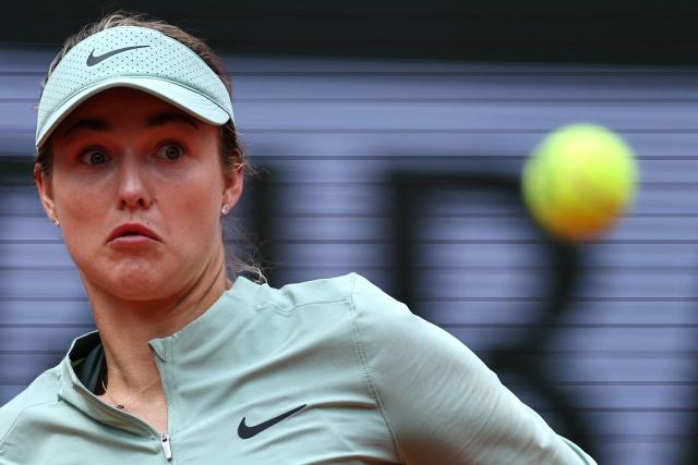 Anna Kalinskaya prepares to play a forehand return to Poland's Maja Chwalinska during their women's quarter final singles match on day 11 of the French Open tennis tournament on Court Philippe-Chatrier at the Roland-Garros Complex in Paris on June 3, 2026. (Photo by Anne-Christine POUJOULAT / AFP)