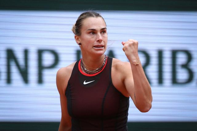 Aryna Sabalenka reacts to a point against Diana Shnaider during their women's quarter final singles match on day 11 of the French Open tennis tournament on Court Philippe-Chatrier at the Roland-Garros Complex in Paris on June 3, 2026. (Photo by ALAIN JOCARD / AFP)
