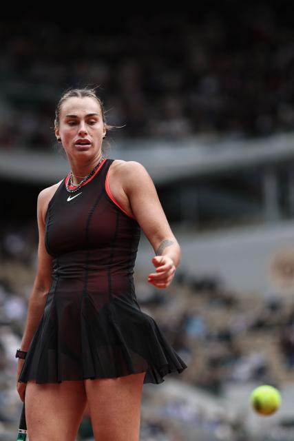 Aryna Sabalenka prepares to serve to Diana Shnaider during their women's quarter final singles match on day 11 of the French Open tennis tournament on Court Philippe-Chatrier at the Roland-Garros Complex in Paris on June 3, 2026. (Photo by Anne-Christine POUJOULAT / AFP)