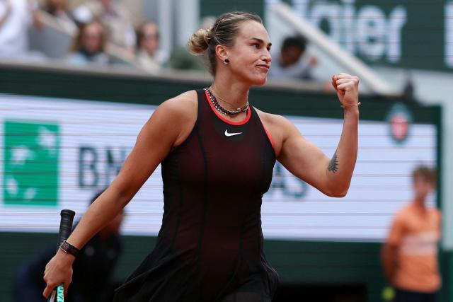 Aryna Sabalenka reacts after winning the first set Diana Shnaider during their women's quarter final singles match on day 11 of the French Open tennis tournament on Court Philippe-Chatrier at the Roland-Garros Complex in Paris on June 3, 2026. (Photo by Thomas SAMSON / AFP)
