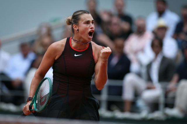 Aryna Sabalenka reacts to a point against Diana Shnaider during their women's quarter final singles match on day 11 of the French Open tennis tournament on Court Philippe-Chatrier at the Roland-Garros Complex in Paris on June 3, 2026. (Photo by Alain JOCARD / AFP)