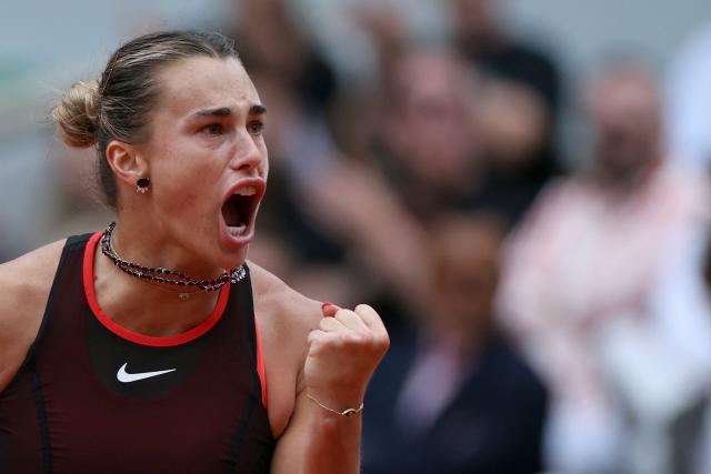 Aryna Sabalenka reacts to a point against Diana Shnaider during their women's quarter final singles match on day 11 of the French Open tennis tournament on Court Philippe-Chatrier at the Roland-Garros Complex in Paris on June 3, 2026. (Photo by Alain JOCARD / AFP)