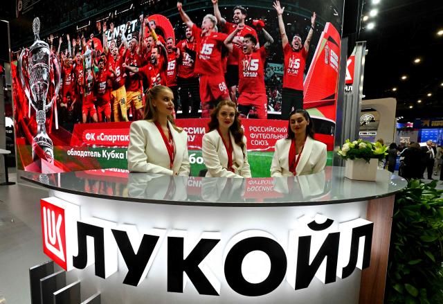 Russian energy giant Lukoil logo is pictured at the St. Petersburg International Economic Forum (SPIEF) in Saint Petersburg on June 3, 2026. (Photo by Olga MALTSEVA / AFP)