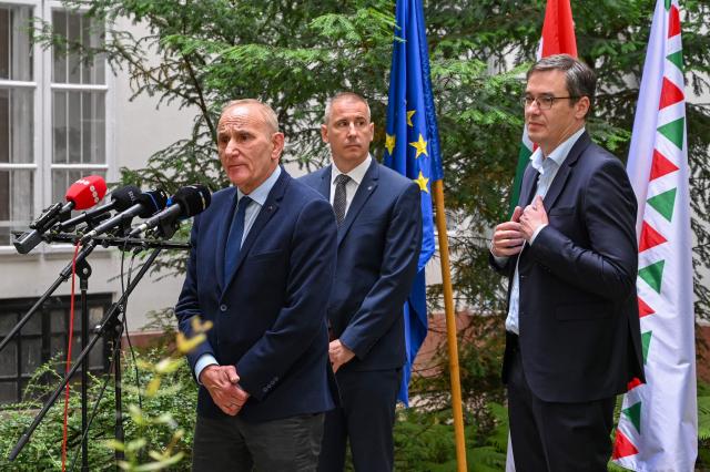 Godollo mayor Gyorgy Gemesi (L), Budapest mayor Gergely Karacsony (R) and Szombathely mayor Andras Nemely (C), representing organisations advocating for municipal governments, give a joint press conference on June 3, 2026, at the Ministry for Rural and Regional Development in Budapest, Hungary, following their meeting. Hungary's new government, which took office in May 2026, promised that powers, resources, and responsibilities previously taken away by former prime minister Viktor Orban's government would be returned to the municipalities. But no change has been implemented yet. (Photo by ATTILA KISBENEDEK / AFP)