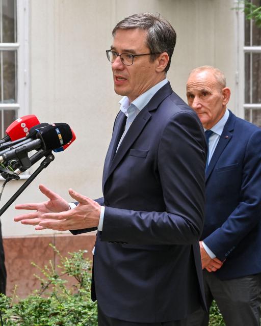 Budapest mayor Gergely Karacsony (L) and Godollo mayor Gyorgy Gemesi, representing organisations advocating for municipal governments, give a joint press conference on June 3, 2026, at the Ministry for Rural and Regional Development in Budapest, Hungary, following their meeting. Hungary's new government, which took office in May 2026, promised that powers, resources, and responsibilities previously taken away by former prime minister Viktor Orban's government would be returned to the municipalities. But no change has been implemented yet. (Photo by ATTILA KISBENEDEK / AFP)