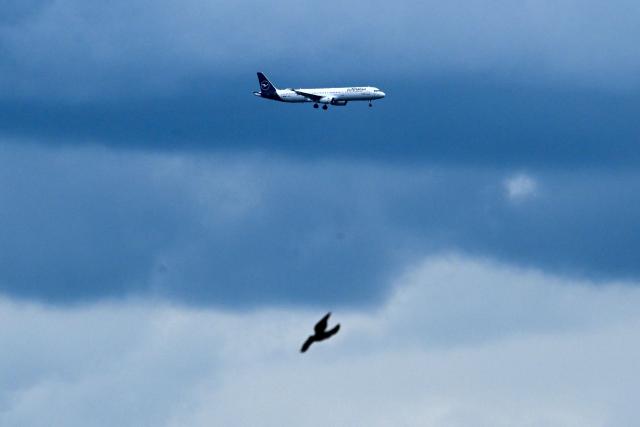 An Airbus A321-231 aircraft by German airline Lufthansa (top) flies over the clouds and prepares to land at the Frankfurt International Airport in Frankfurt am Main, western Germany, on June 3, 2026.  (Photo by Kirill KUDRYAVTSEV / AFP)