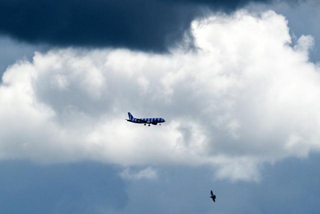 An Airbus A320-212 aircraft by German airline Condor (top) flies over the clouds and prepares to land at the Frankfurt International Airport in Frankfurt am Main, western Germany, on June 3, 2026.  (Photo by Kirill KUDRYAVTSEV / AFP)