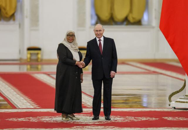 Russia's President Vladimir Putin and his Tanzania's counterpart Samia Suluhu Hassan attend a meeting at the Kremlin in Moscow on June 3, 2026. (Photo by Ramil Sitdikov / POOL / AFP)