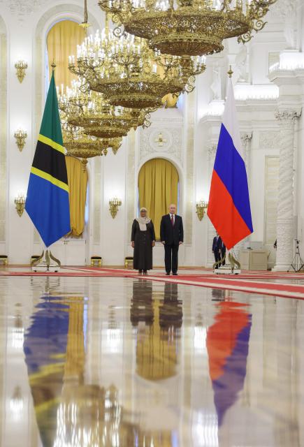 Russia's President Vladimir Putin and his Tanzania's counterpart Samia Suluhu Hassan attend a meeting at the Kremlin in Moscow on June 3, 2026. (Photo by Ramil Sitdikov / POOL / AFP)