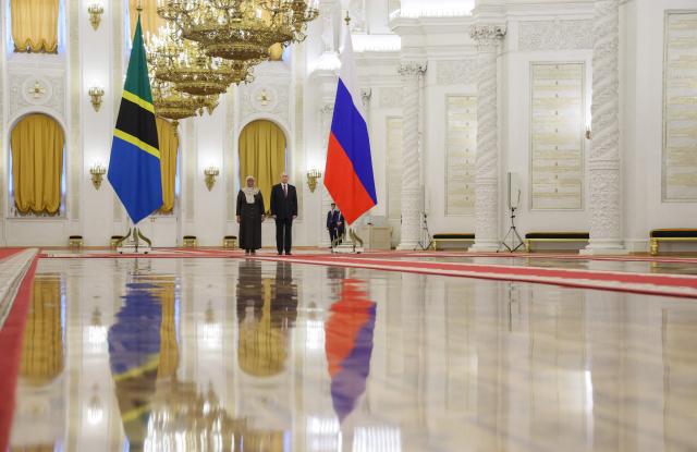 Russia's President Vladimir Putin and his Tanzania's counterpart Samia Suluhu Hassan attend a meeting at the Kremlin in Moscow on June 3, 2026. (Photo by Ramil Sitdikov / POOL / AFP)