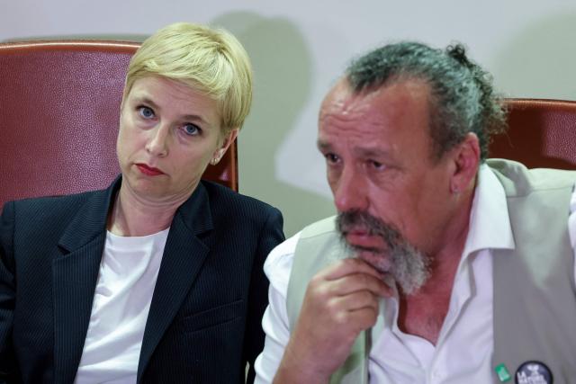 French Ecologiste et Social's MP Clementine Autain (L) and French Ecologiste et Social's MP Benoît Biteau hold a press conference ahead of a debate on their bill which aims at limiting exposure to cadmium chemical, at the National Assembly, in Paris on June 3, 2026. (Photo by Xavier GALIANA / AFP)