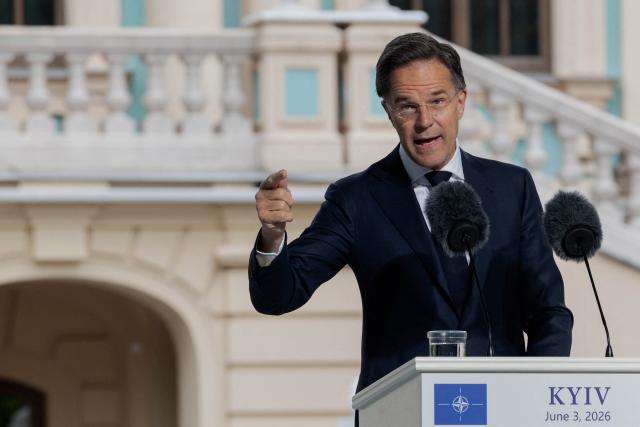 NATO Secretary General Mark Rutte addresses media representatives alongside Ukraine's President at a press conference in Kyiv on June 3, 2026, amid the Russian invasion of Ukraine. (Photo by Tetiana DZHAFAROVA / AFP)