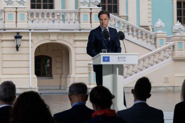 NATO Secretary General Mark Rutte addresses media representatives alongside Ukraine's President at a press conference in Kyiv on June 3, 2026, amid the Russian invasion of Ukraine. (Photo by Tetiana DZHAFAROVA / AFP)