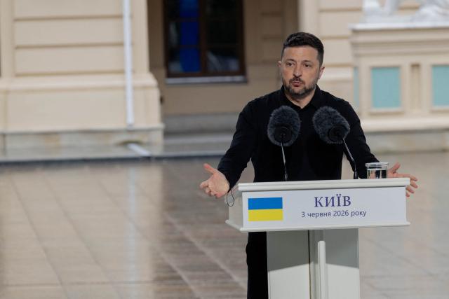 Ukraine's President Volodymyr Zelensky addresses media representatives alongside the NATO Secretary General as they attend a press conference in Kyiv on June 3, 2026, amid the Russian invasion of Ukraine. (Photo by Tetiana DZHAFAROVA / AFP)