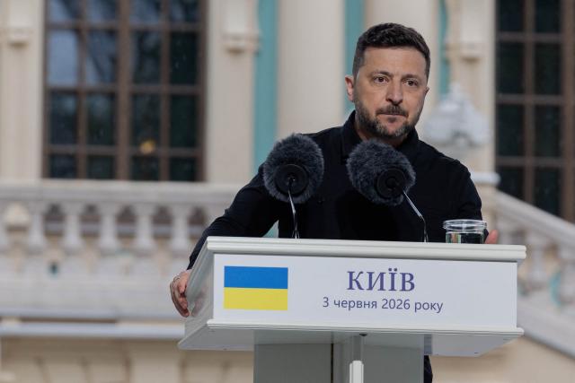 Ukraine's President Volodymyr Zelensky addresses media representatives alongside the NATO Secretary General as they attend a press conference in Kyiv on June 3, 2026, amid the Russian invasion of Ukraine. (Photo by Tetiana DZHAFAROVA / AFP)