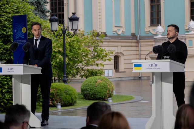 Ukraine's President Volodymyr Zelensky (R) and NATO Secretary General Mark Rutte (L) address media representatives at a press conference in Kyiv on June 3, 2026, amid the Russian invasion of Ukraine. (Photo by Tetiana DZHAFAROVA / AFP)